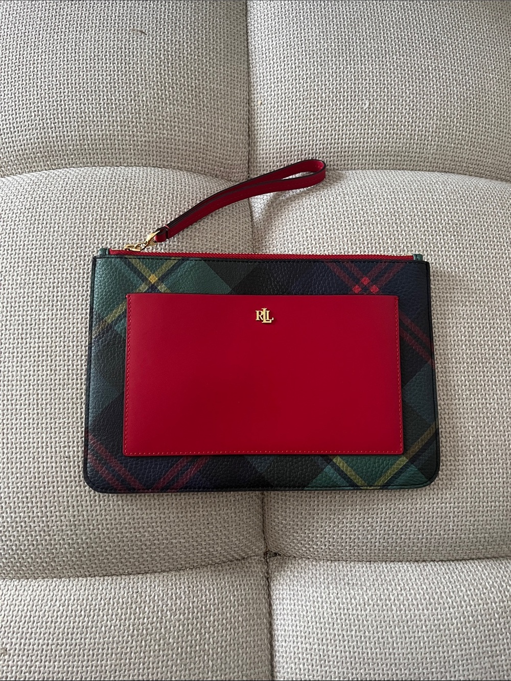 Lauren Ralph Lauren Red Leather Plaid Wristlet Clutch